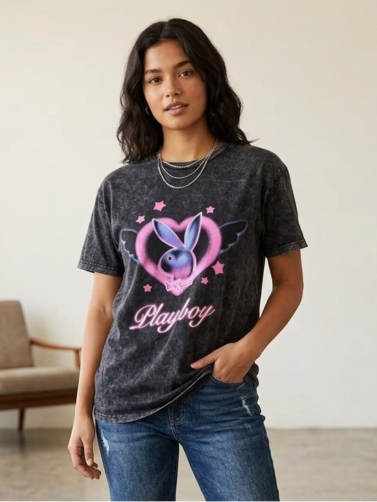 PLAYBOY Tops - PLAYBOY Black Mineral Wash Tee with Pink Graphic